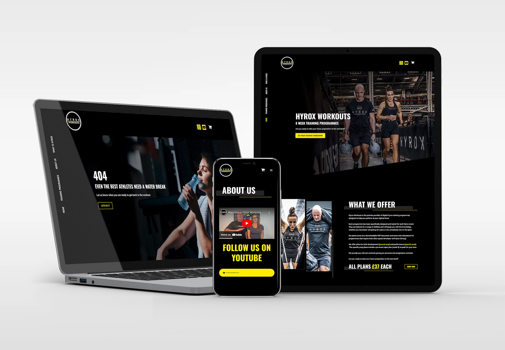 Mockup of Hyrox Workouts website on a laptop, tablet and mobile phone