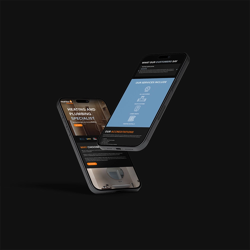 Two mobile phones with the Heat Your Homes website mockup on the display