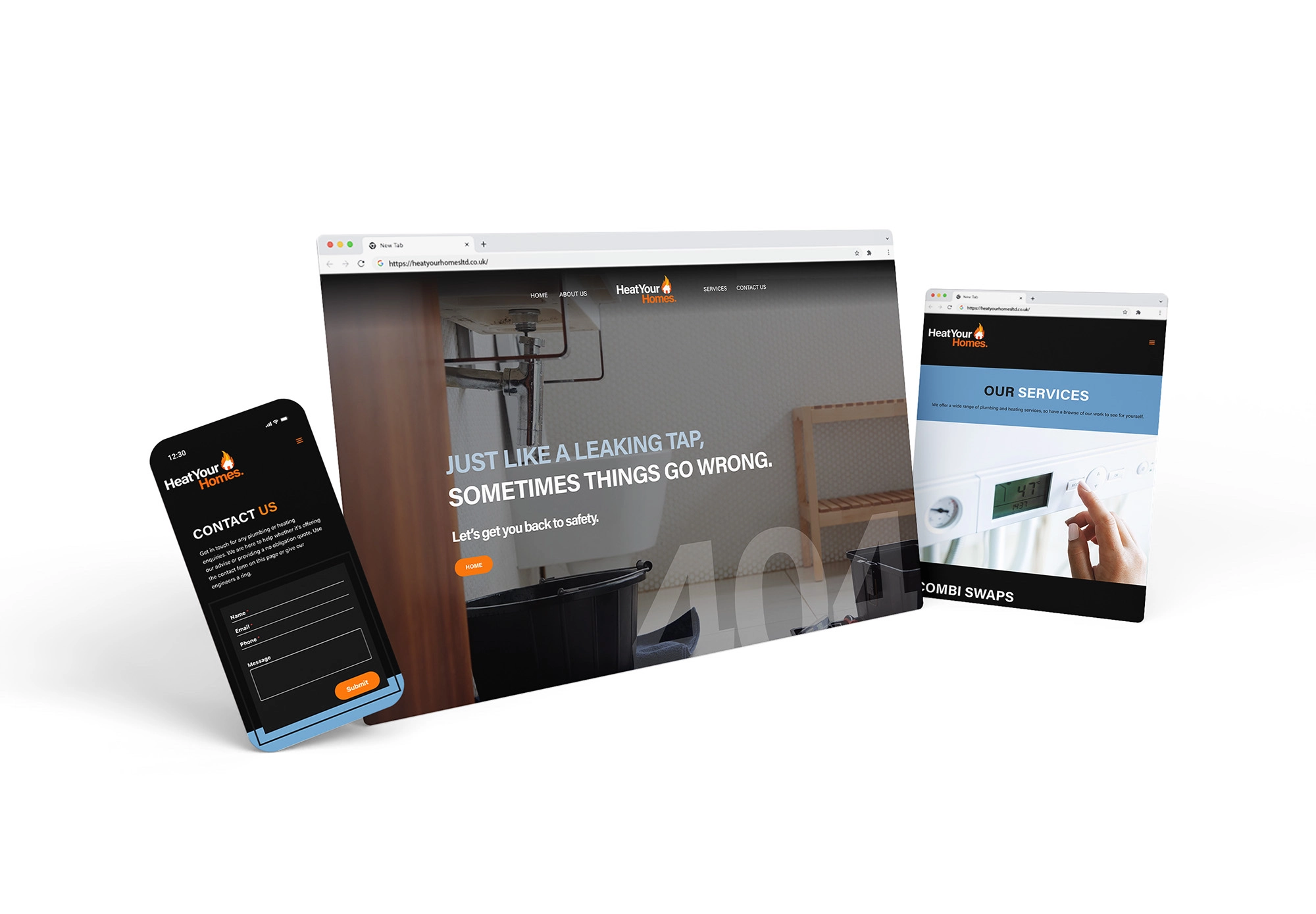 Mockup of three web pages from the Heat Your Homes website on different devices