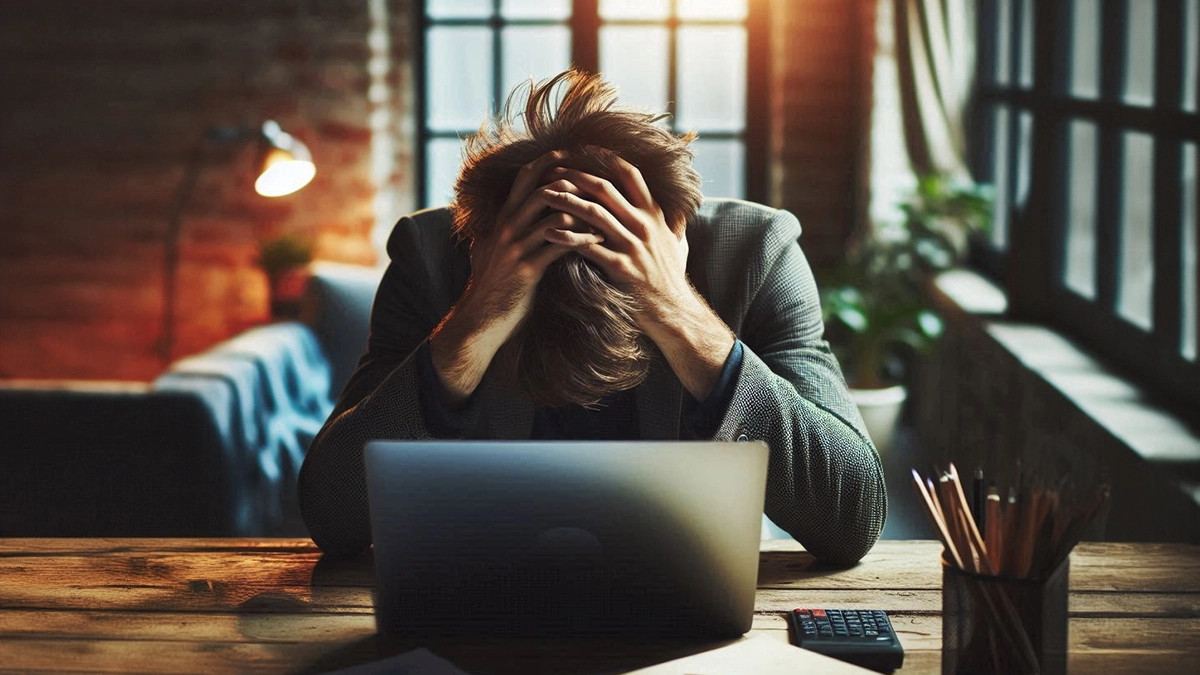 A view from behind a man sitting at desk with his his head in his hands and a laptop in front of him