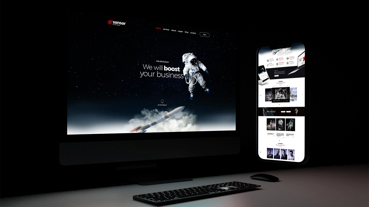 Mockup of a space website on a computer & mobile phone