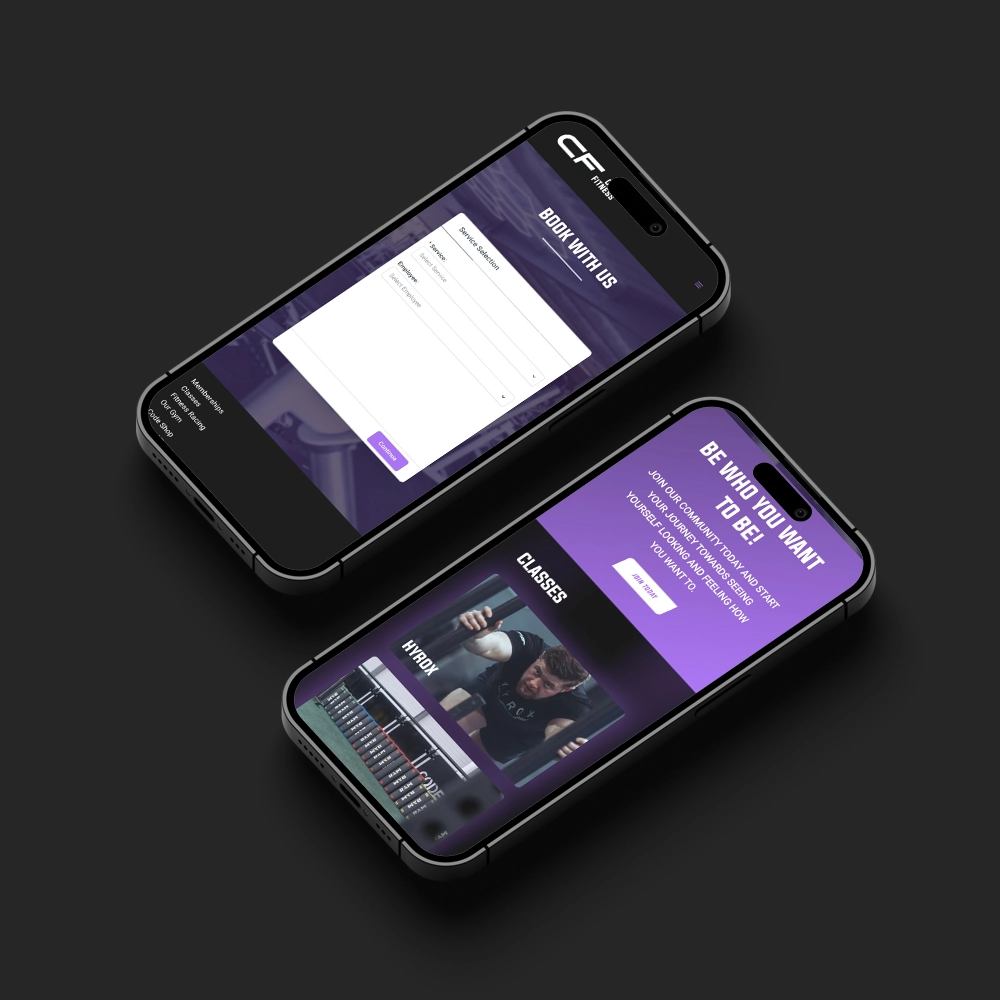 Two mobile phones with mockup of the Code Fitness website