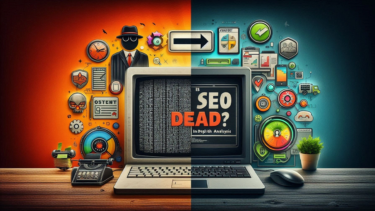 Old computer on the left and new computer on the right with the title is SEO Dead?