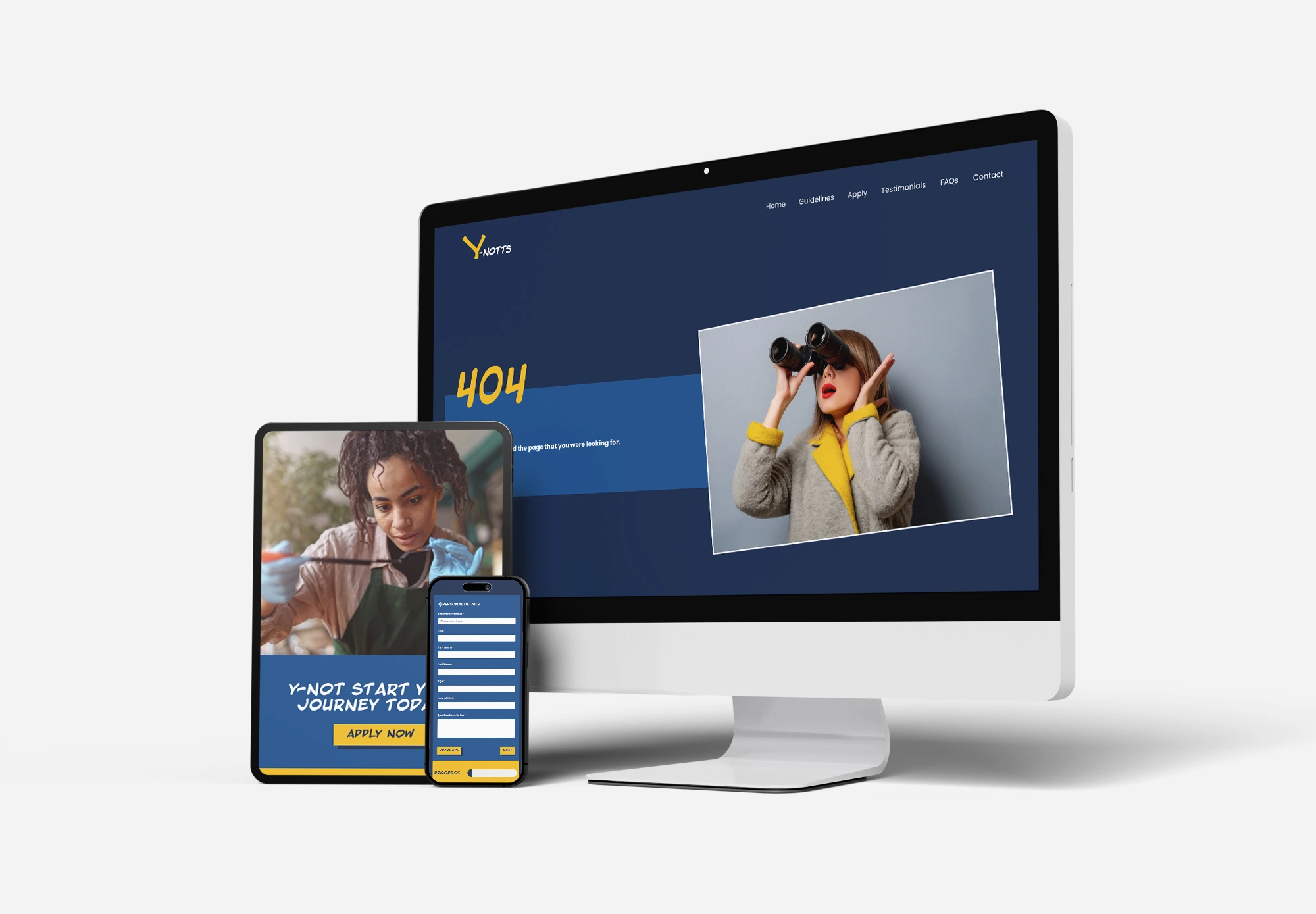 Mockup of Y-Notts website on a laptop, tablet and mobile phone