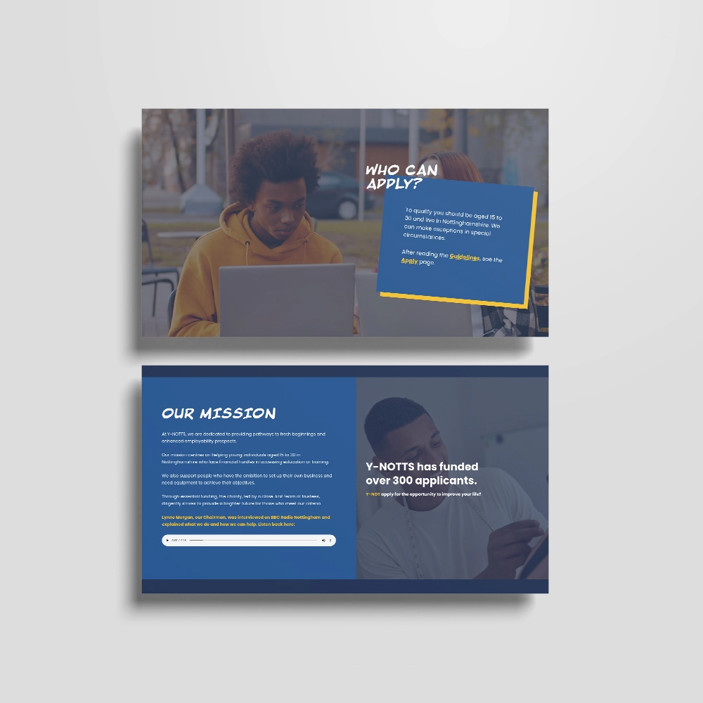 Mockup of two web pages from the Y-Notts website