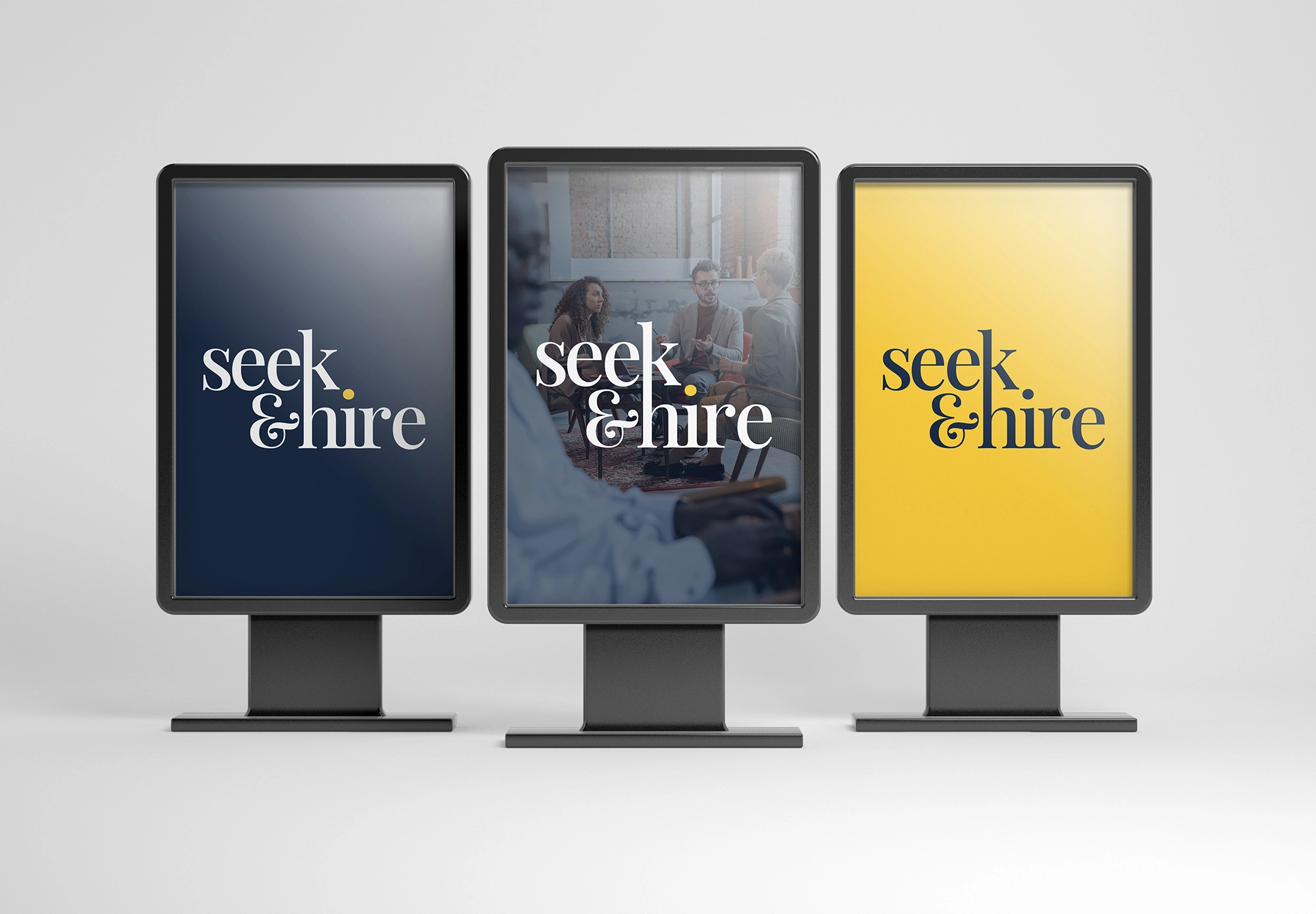 Mockup of the Seek & Hire logo on three billboards