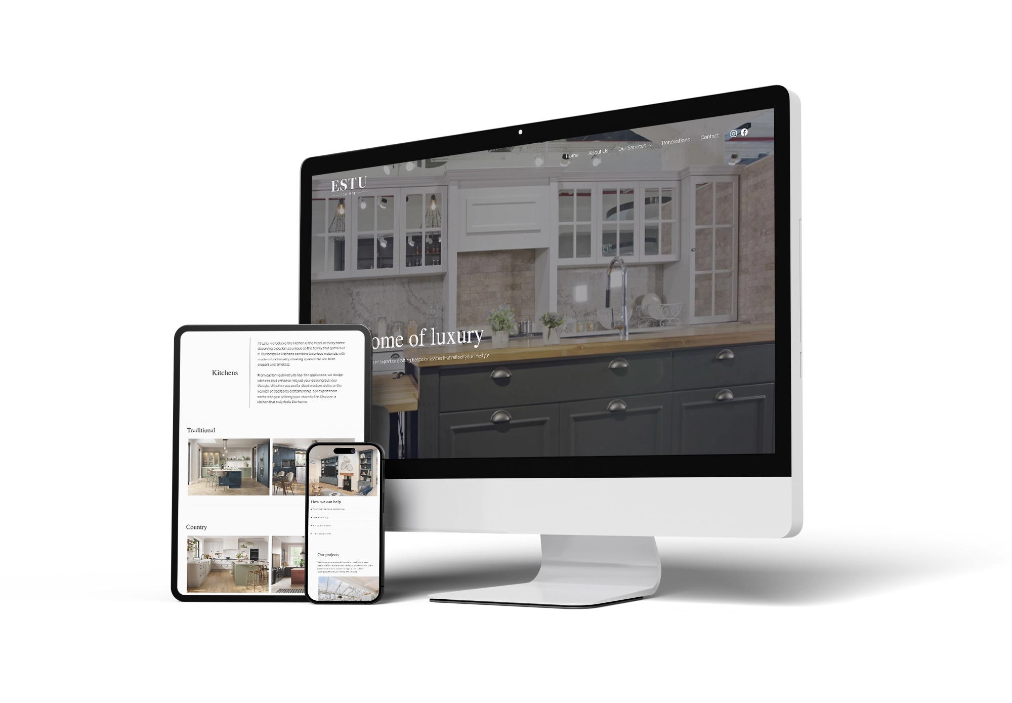 Responsive mockup of Estu website on desktop, tablet and mobile