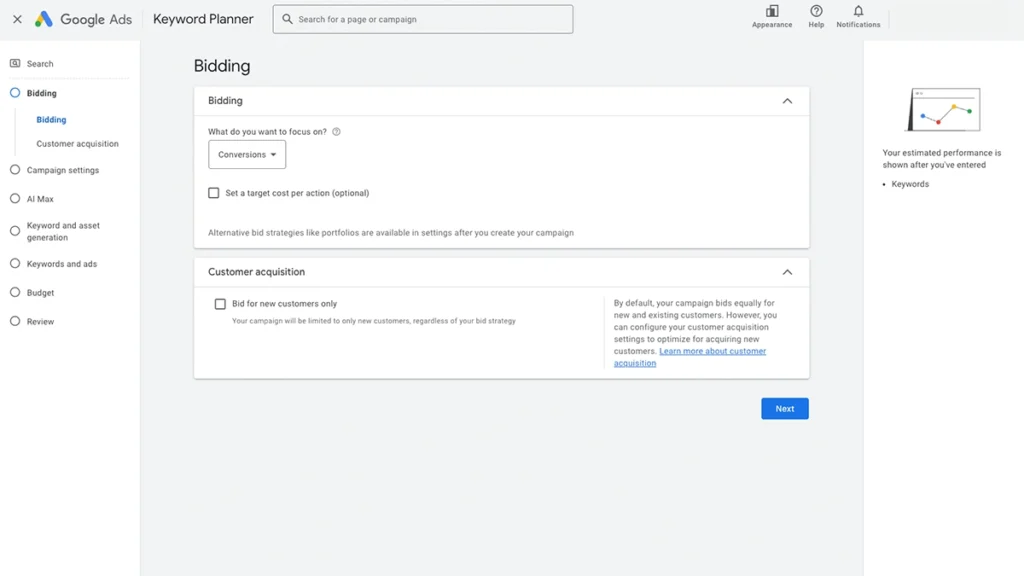 Screenshot of Google Ads bidding page