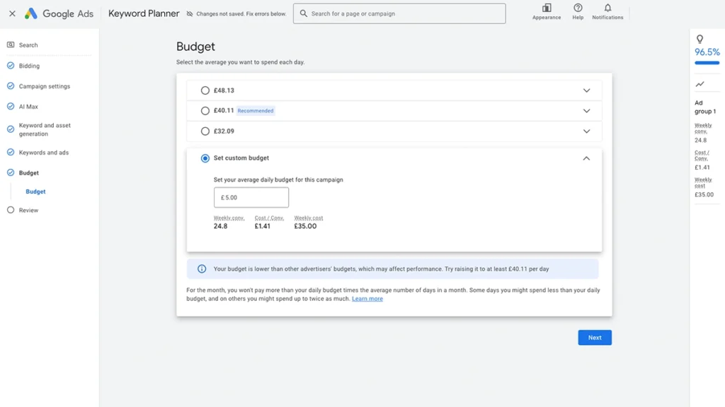 Screenshot of the Google Ads budget page