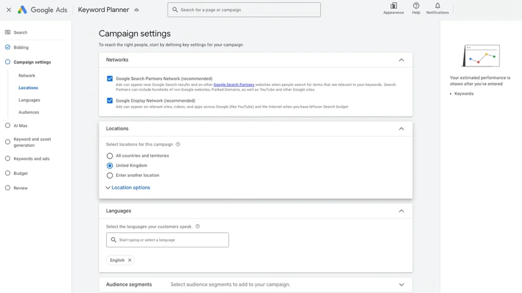 Screenshot of the Google Ads campaign settings page