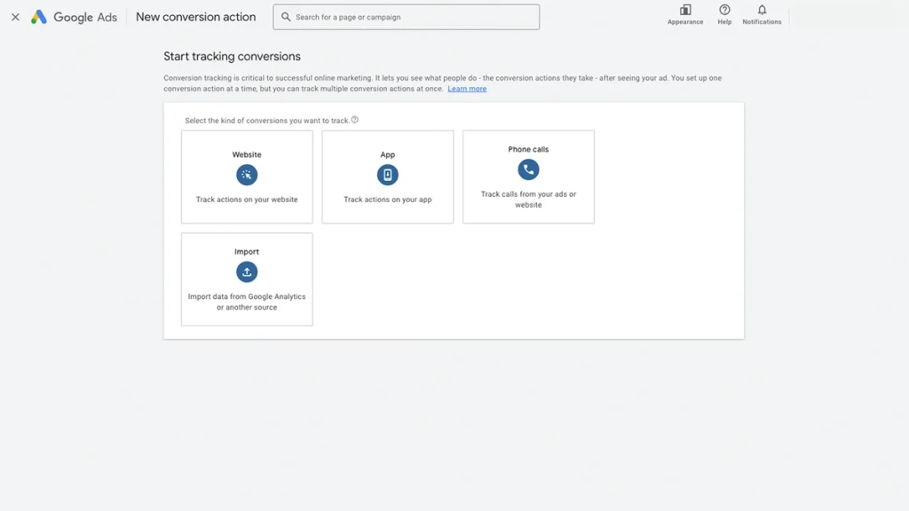 Screenshot of the Google Ads choose conversion action page