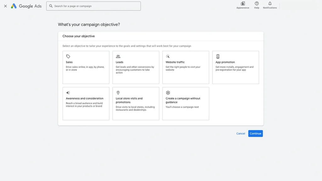 Screenshot of Google Ass choose your objective page