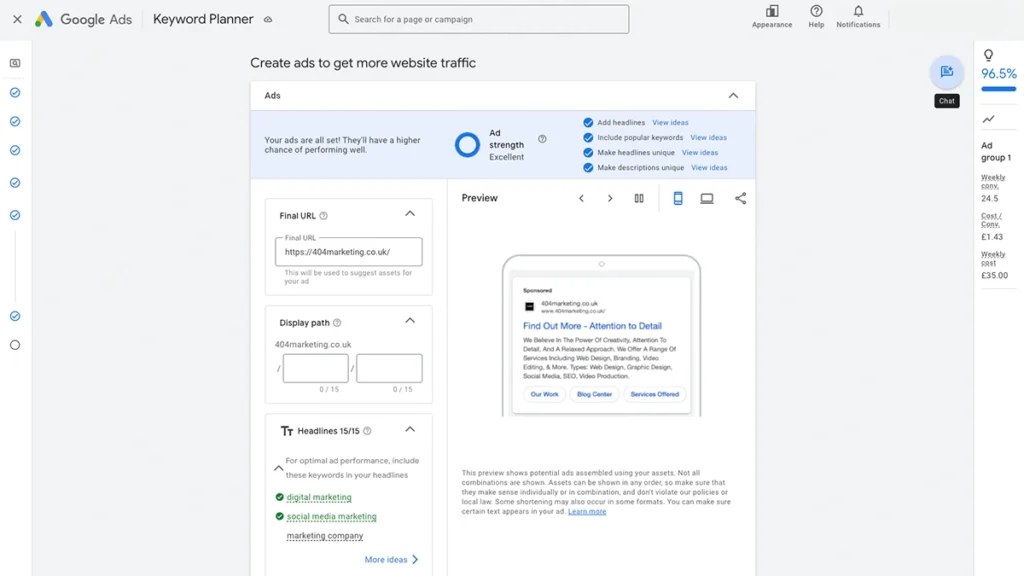 Screenshot of Google Ads create ads page