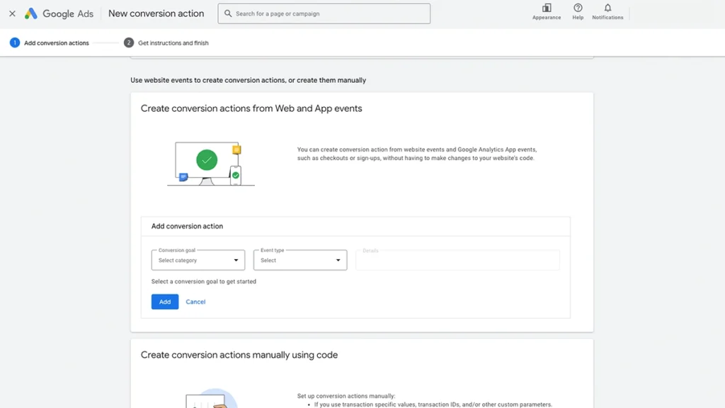 Screenshot of the Google Ads create conversion action page