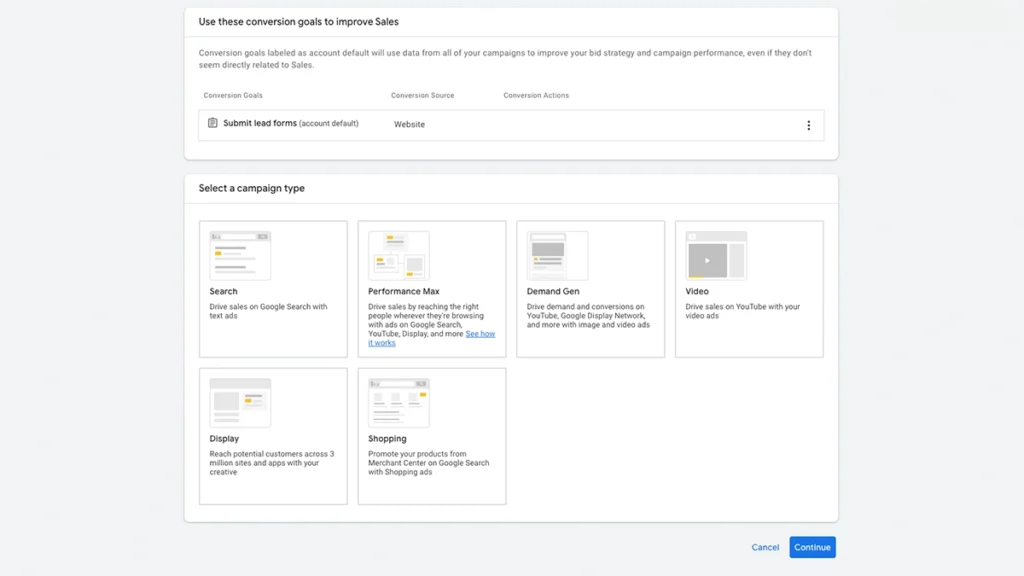 Screenshot of Google Ads select a campaign type page