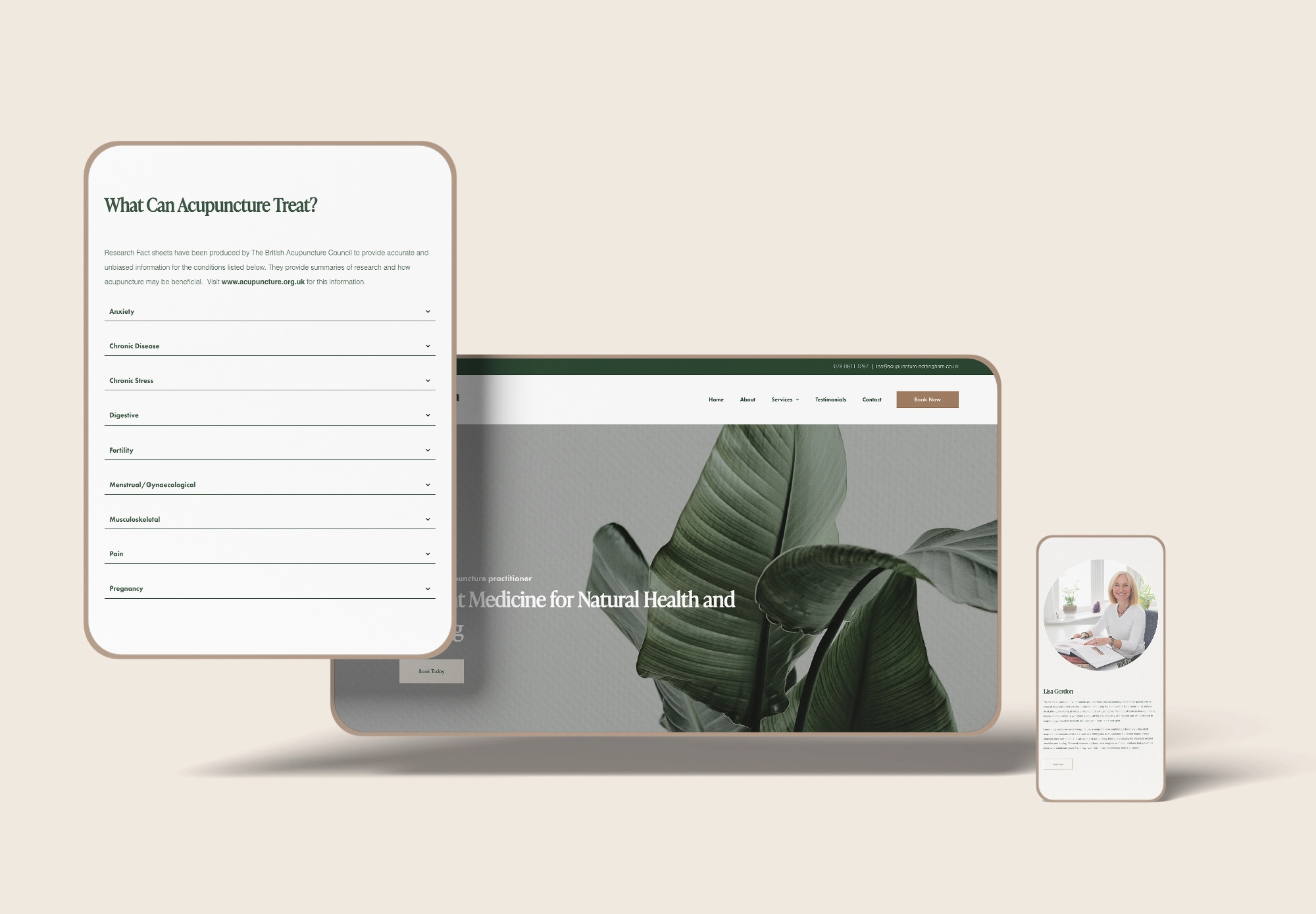 Responsive mockup of Lisa Gordon Acupuncture website on desktop, tablet and mobile