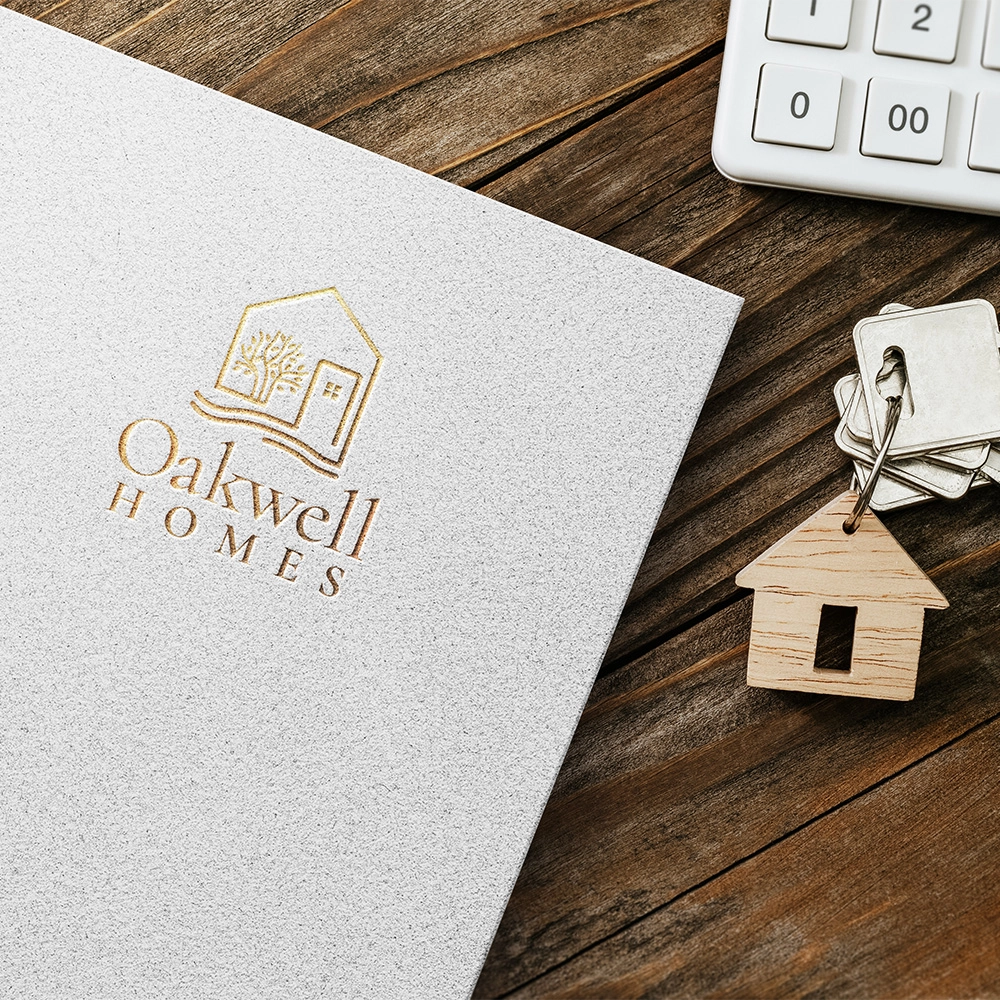 Paper sitting on a desk, with keys and a keyboard, and the Mockup of Oakwell Homes logo on paper, with keys and a keyboard