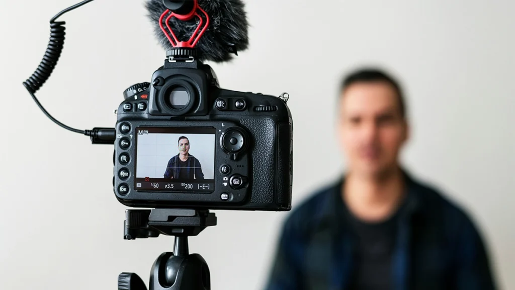 Man sitting in front of a camera on a tripod