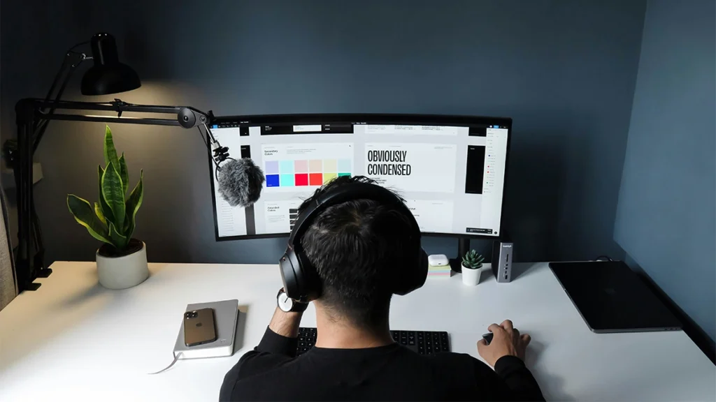man in black shirt sitting in front of computer working on a rebrand