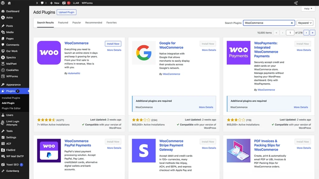 WordPress plugin page with WooCommerce