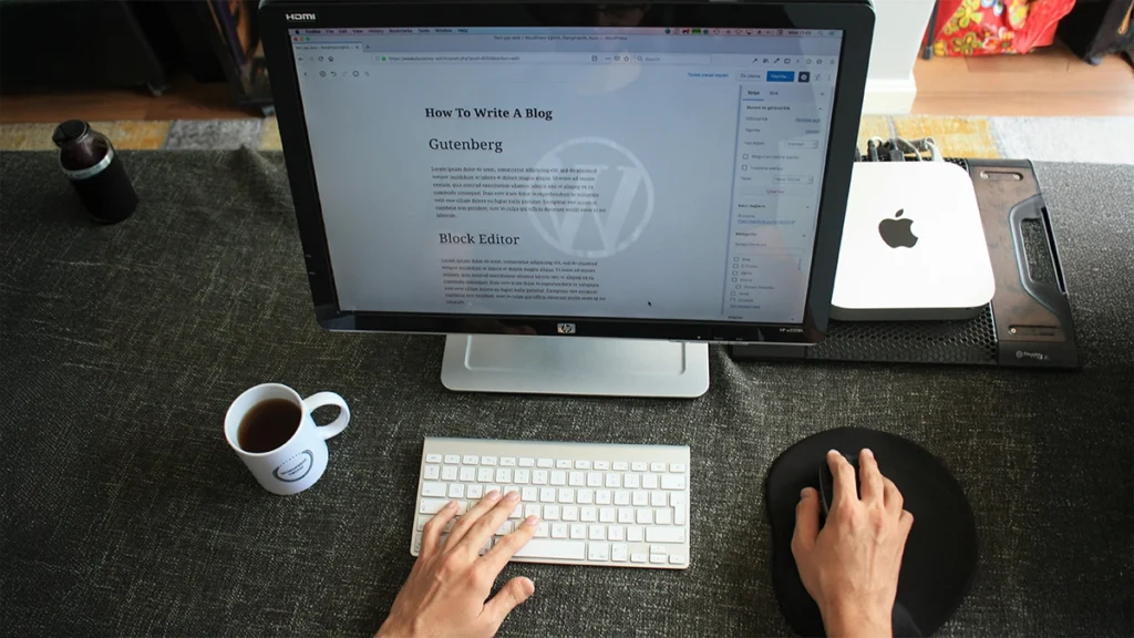 Computer screen with WordPress Gutenberg blog post