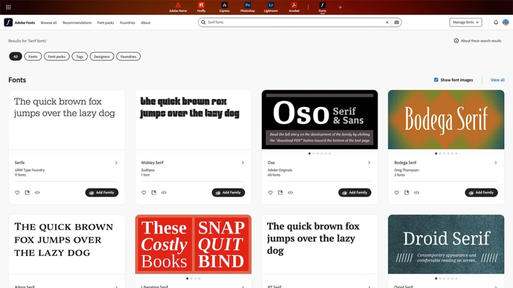 Screenshot of Abode Fonts website