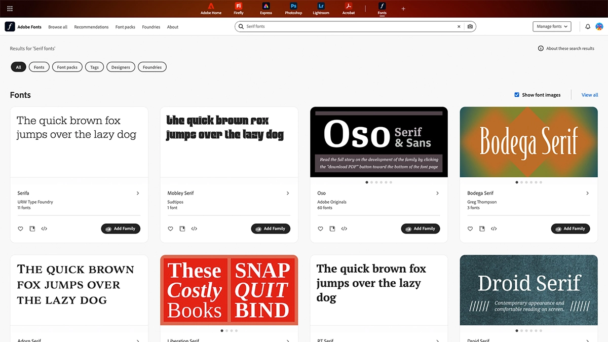 Screenshot of Abode Fonts website