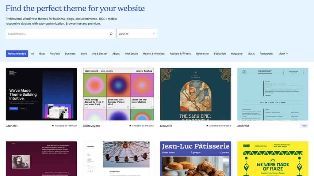Screenshot of a webpage titled "Find the Perfect theme for your website"