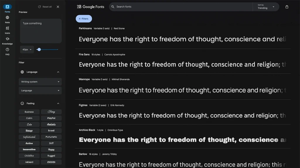 Screenshot of Google Fonts website