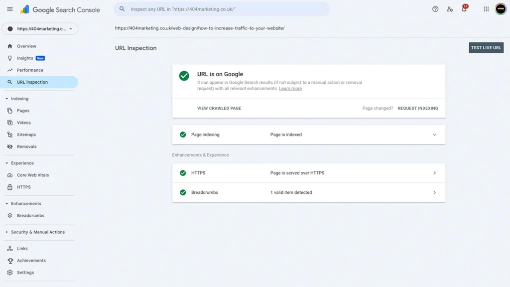Screenshot of the Google Search Console Request Indexing page
