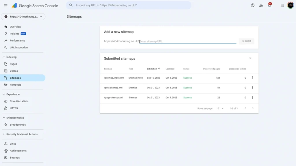 Screenshot of the Google Search Console Submit Sitemap page