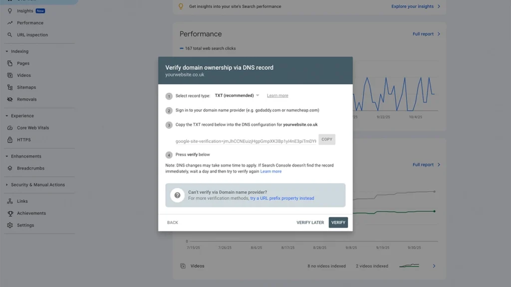 Screenshot of the Google Search Console verification page