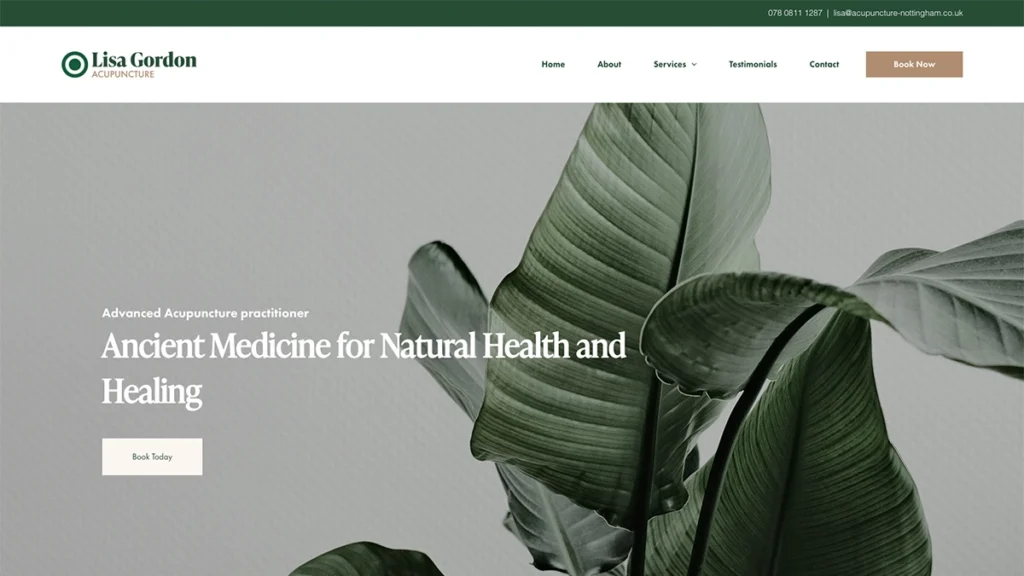 Screenshot of Lisa Gordon Acupuncture home page showing the font choice