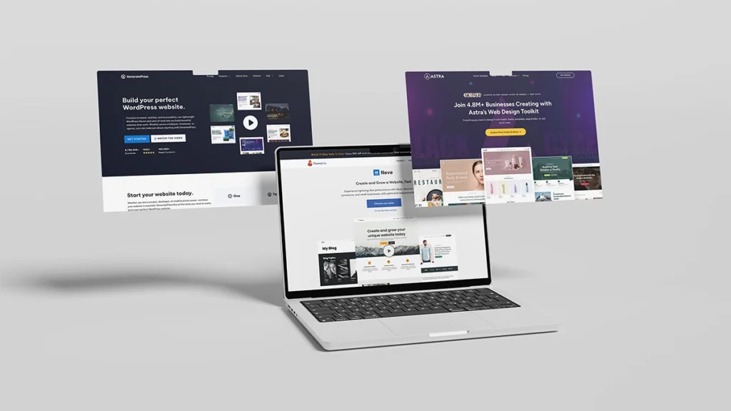 Laptop mockup with a sample of some of the best free WordPress themes