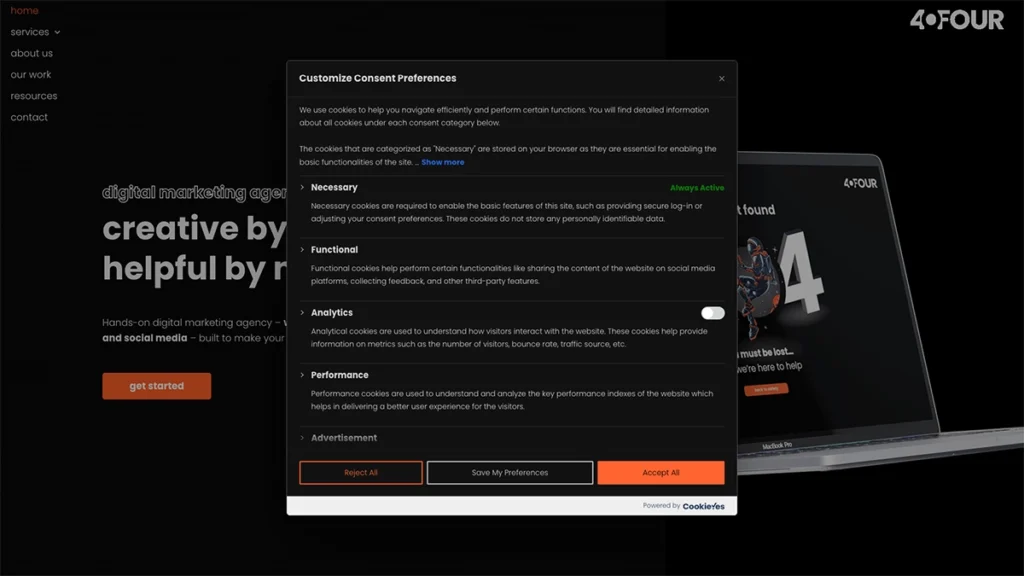 Screenshot of website customise cookie consent
