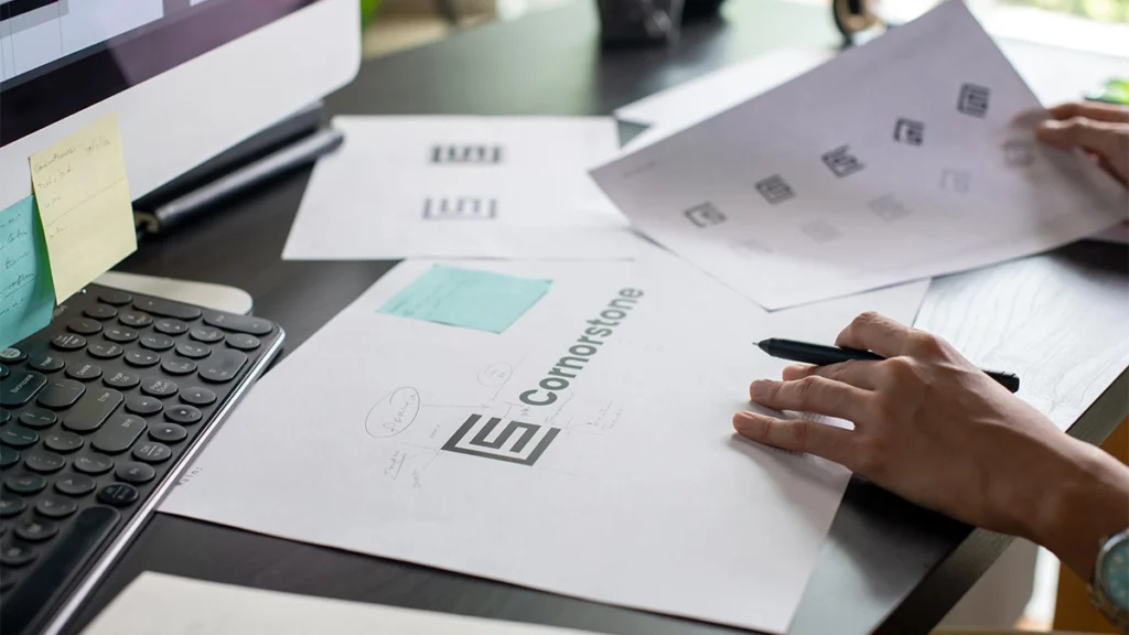 Graphic designer drawing sketches logo design.