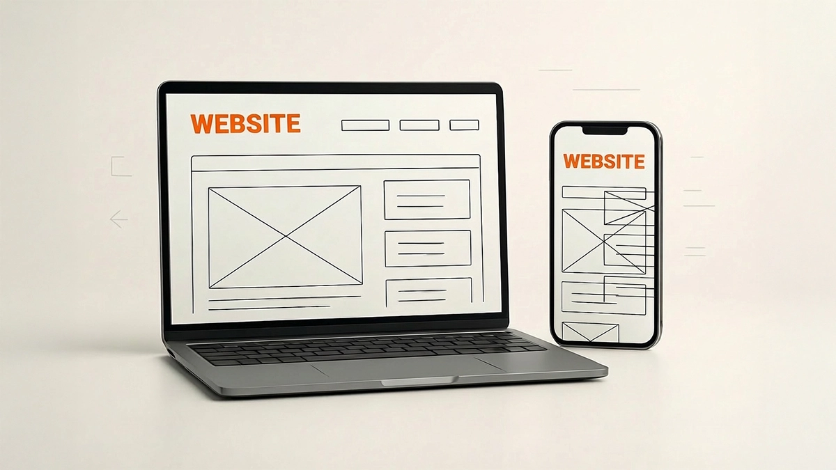 Responsive website wire diagram on laptop, next to a non-responsive website wire diagram on a mobile phone