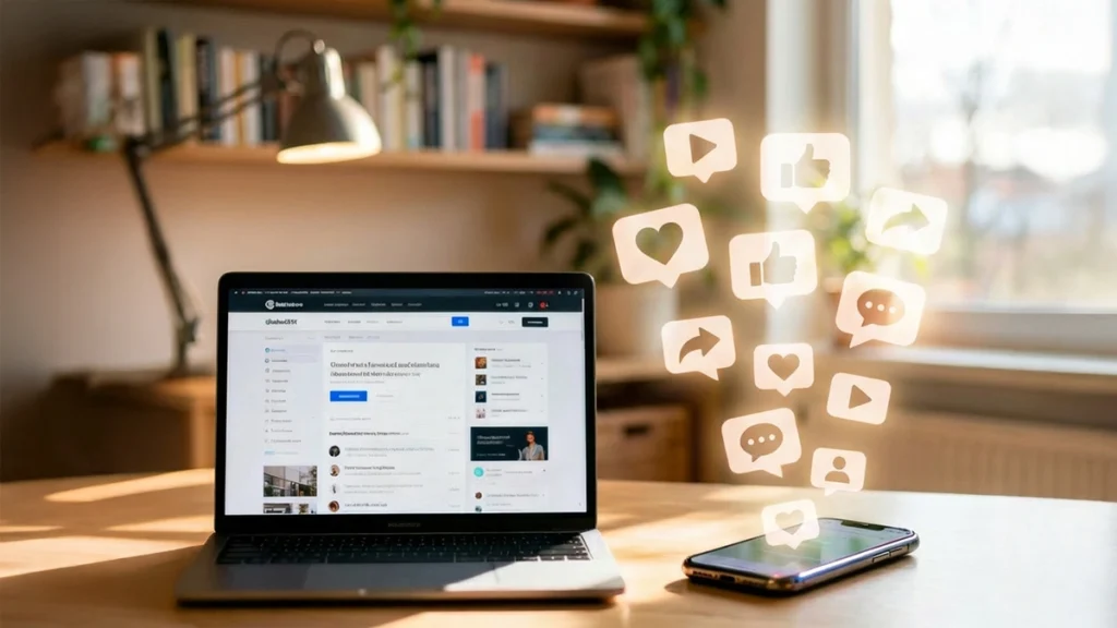 Laptop and phone sitting on a desk in home office. Laptop open with website displayed. Social media icons floating out of the phone.