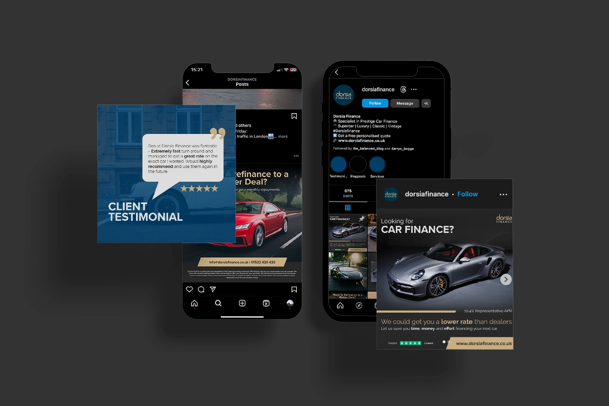Mockup of Dorsia Finance social media posts and profile on mobile phone