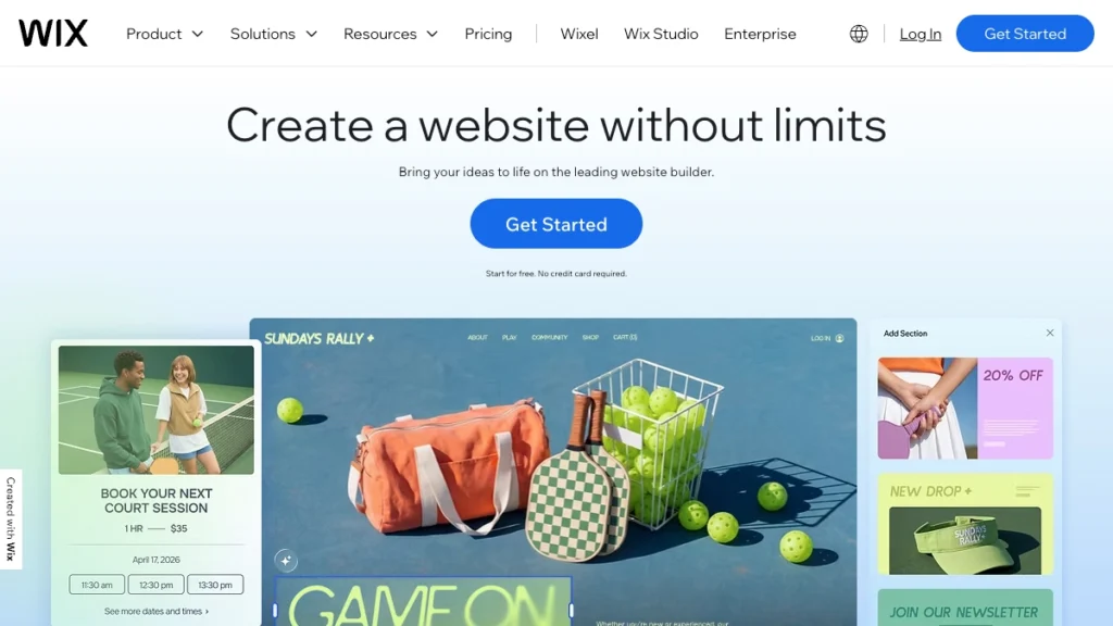 Screenshot of the Wix home page