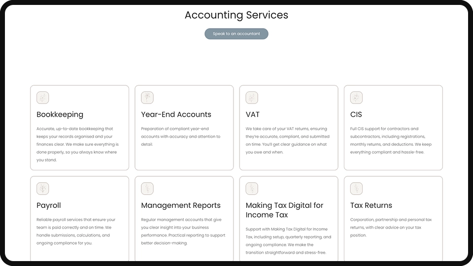 Screenshot of Account8 accounting website design mockup