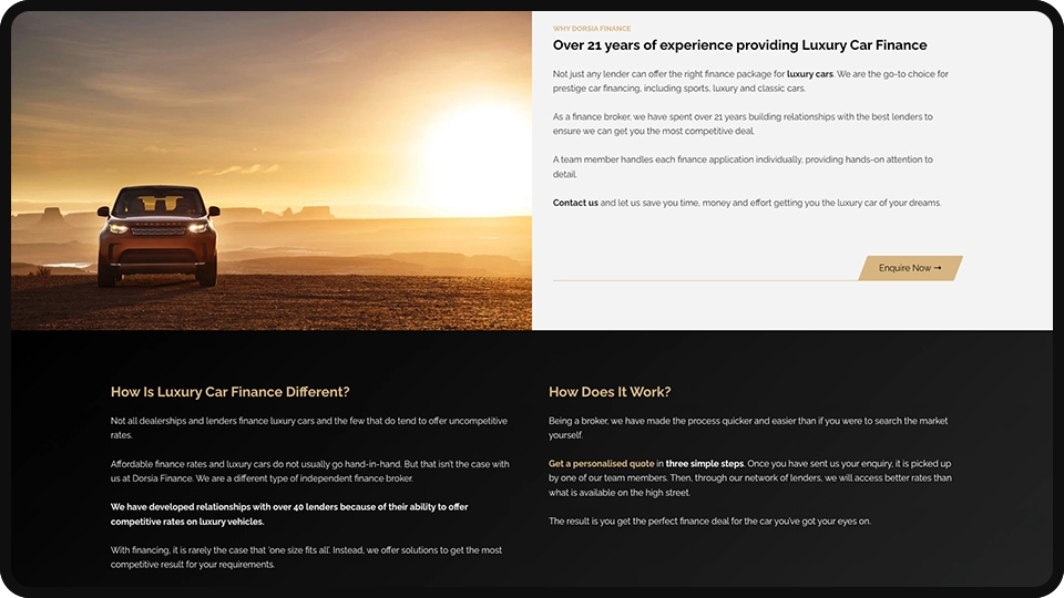 Screenshot of Dorisa Finance luxury car finance website redesign