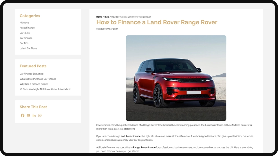 Screenshot of Dorisa Finance luxury car finance website redesign