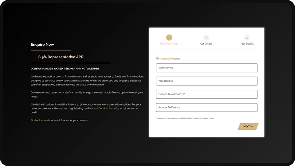 Screenshot of Dorisa Finance luxury car finance website redesign