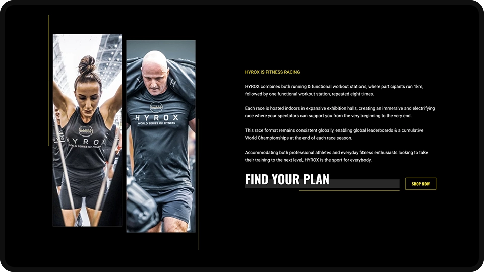 Screenshot of Hyrox Workouts workout programmes e-commerce website mockup