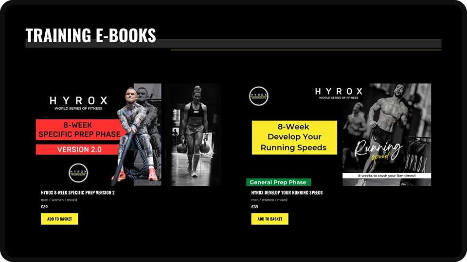 Screenshot of Hyrox Workouts workout programmes e-commerce website mockup