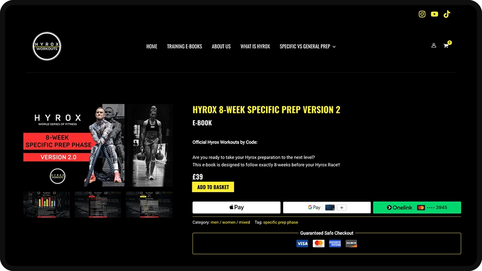 Screenshot of Hyrox Workouts workout programmes e-commerce website mockup