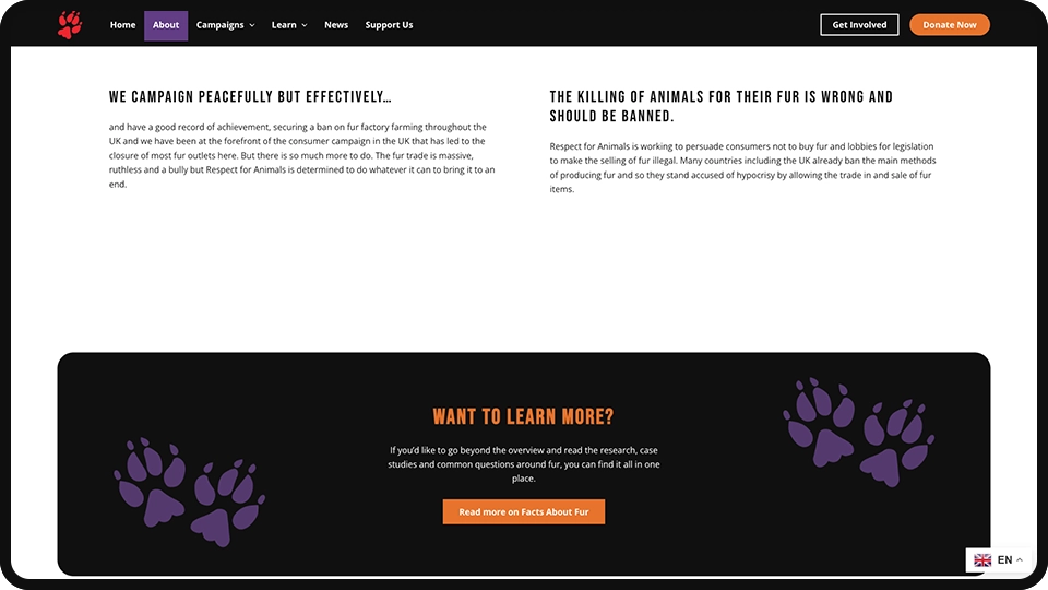 Screenshot of Respect for Animals non-profit website redesign