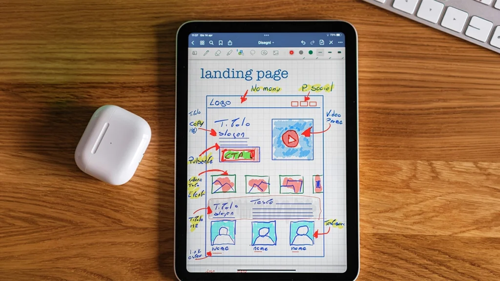 Tablet with landing page wireframe