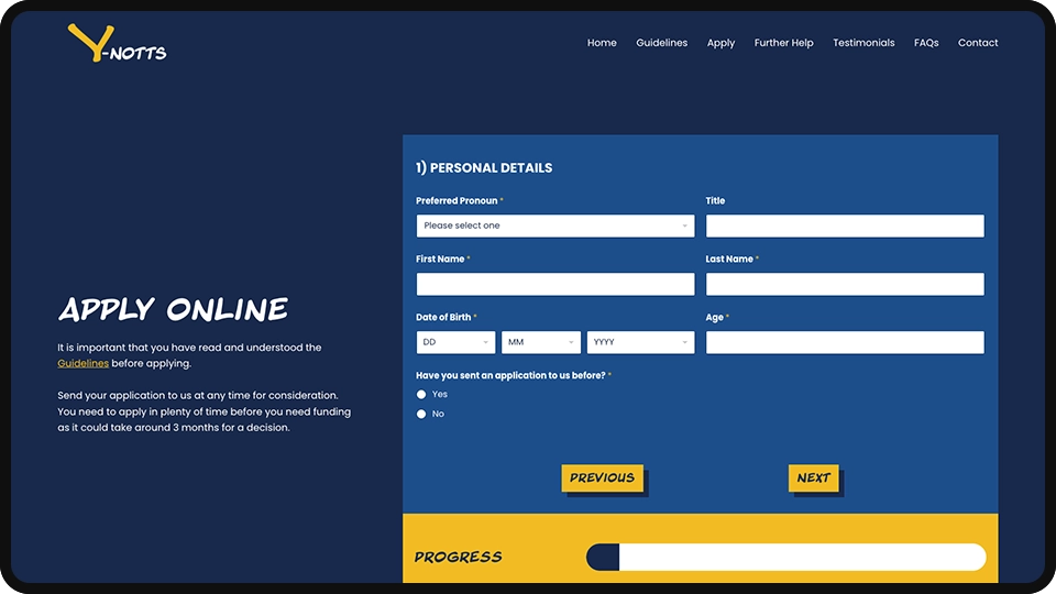 Screenshot of Y-Notts charity website redesign